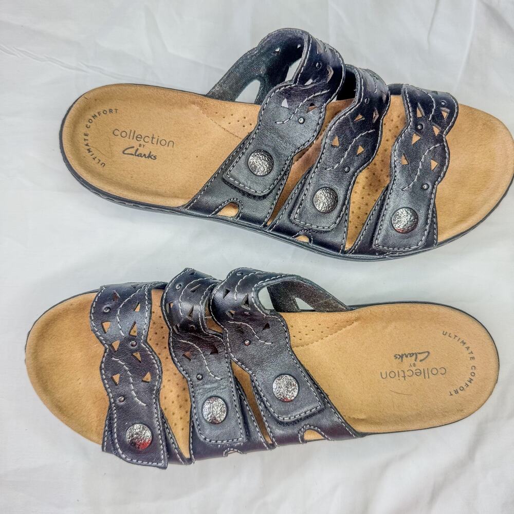 Clarks Collection Black Leather Triple Strap Adjustable Slide Sandals 6.5